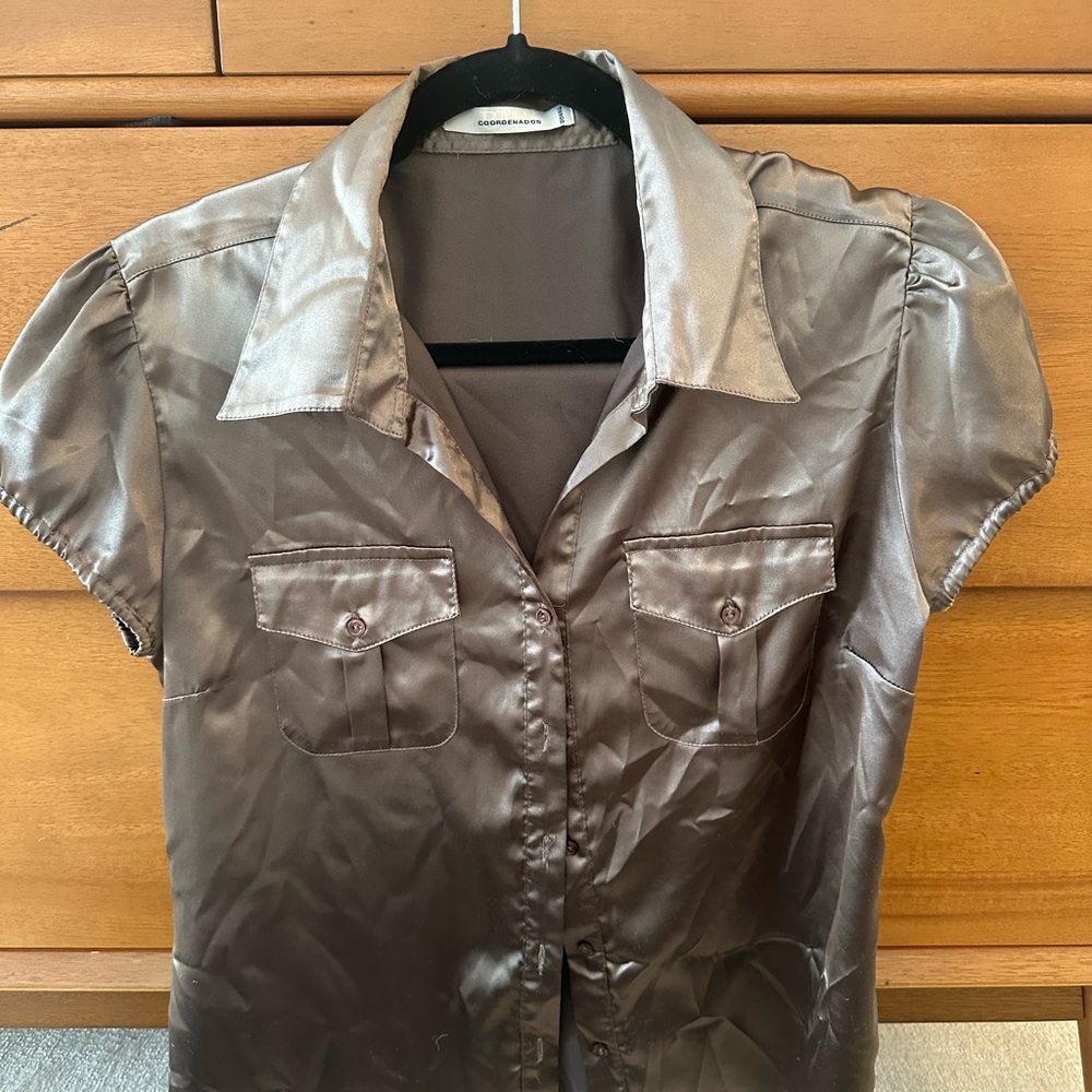Elegant Satin Button-Up Blouse - Brown